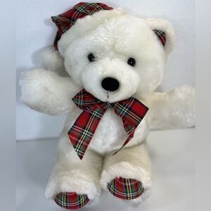 Cuddle Wit White Bear Plush Plaid Hat Bow 14 Inch Stuffed Animal Toy